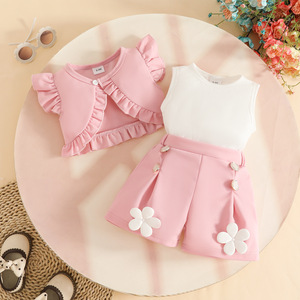 Sweet Cute Western Fashion 0-3 <strong>Year</strong> <strong>Old</strong> <strong>Girl</strong> Summer Solid Color Ruffled Sleeveless Short <strong>Coat</strong> + Vest + Flower Shorts Custom 3T - Product Image 5