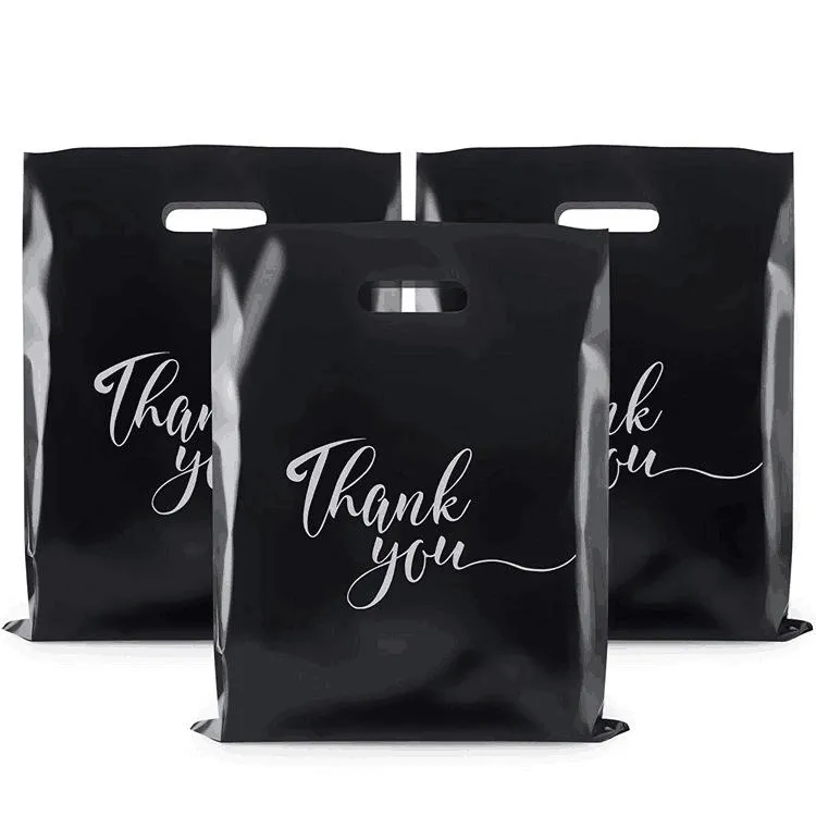MU Eco Friendly Die Cut Sacos De Plástico Embalagem Variedade Cor Obrigado Sacos Logos personalizados PE Shopping Bag