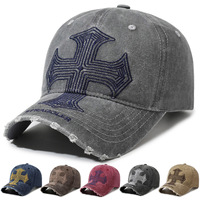 Gorra de béisbol de estilo nuevo transfronterizo para hombre, con diseño cruzado de agujeros y bordados, moderna, con efecto envejecido y lavado, 100%