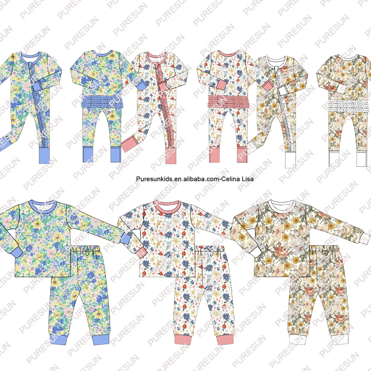 100% kustom katun bambu bayi perempuan piyama super lembut motif bunga anak perempuan dua potong set pakaian santai anak-anak