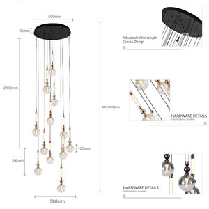 Lámpara de araña larga LED de estilo nórdico, pantalla de escalera con personalidad creativa de lujo, chasis negro, cristal <span class=keywords><strong>gris</strong></span> humo ámbar - Product Image 3