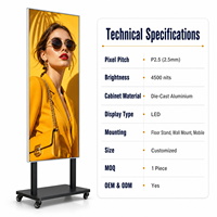 Affichage numérique LED P2.5 à pas fin, ultra haute luminosité, support mural mobile pour vitrine de magasin et commerce de détail