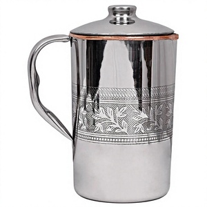 Carafe à eau en acier inoxydable avec couvercle, décorative, avec bordure en cuivre gravé style vintage, finition poli miroir, pour usage domestique - Product Image 1