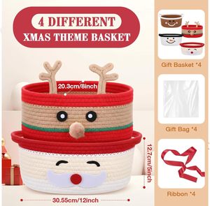 4 Cestas Navideñas Tejidas con Bolsa de Regalo, Cesta Vacía de Cuerda de Algodón con Cinta, Contenedor de Almacenamiento con Diseño de Ciervo, Decoración Festiva <span class=keywords><strong>para</strong></span> Regalos de <span class=keywords><strong>Navidad</strong></span> - Product Image 3