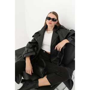 Abrigo largo de cuero genuino para mujer, negro, impermeable, informal, de manga larga, estilo tejido. - Product Image 2