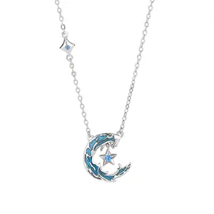 Fashion silver necklace 925 sterling moon and star simple necklace for women girls blue cz zircon star moon necklace