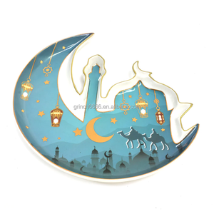 White &amp; Teal Moon &amp; Mosque Shaped Ceramic Serving Plate Porcelain Serving <strong>Iftar</strong> Refreshments <strong>Dishes</strong> Ramadan Half Moon Plates - Product Image 1