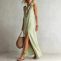 Robe midi décontractée d'été pour femme grande taille, à rayures, col montant, sans manches, fente latérale, pour dropshipping Shopify
