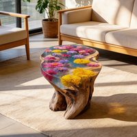 Table basse en bois naturel à bord vif, faite à la main, de luxe, avec résine époxy, fleurs séchées, art moderne, meuble de salon