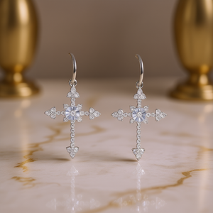 Orecchini pendenti a croce in oro bianco per donna, gioielli religiosi in argento 925 con strass di cristallo, stile cerimonia cristiana - Product Image 2