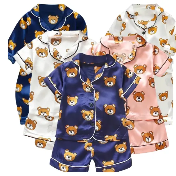 Conjunto de pijamas para niños, conjunto de pantalones de satén de seda helada para niños y niñas, conjunto de bebé, algodón, oso de dinosaurio, ropa para el hogar, pijamas para niños