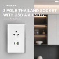 Prise de courant thaïlandaise polyvalente de type 250 15A 118 V avec PC durable et couvercle en verre et ports USB 5V/2100mA Type A + C pour les cuisines à domicile
