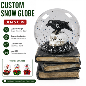 Globo de Nieve Gótico de Resina Personalizado para Halloween con <span class=keywords><strong>Cuervo</strong></span> en Figura de Calavera y Base de Libro Antiguo para Decoración de Fiestas Temáticas de Terror y Regalos - Product Image 1