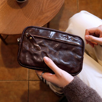 Tas Dompet Kulit Sapi Asli Full Grain Retro Vegetable Tanned Dengan Tali Pergelangan Tangan, Kapasitas Besar Untuk Wanita