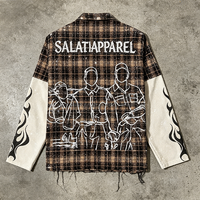Kaos Salati Boxy Cropped Lengan Panjang Bordir Berlian Rhinestone Kemeja Flanel Kotak-kotak Kancing Depan Untuk Pria