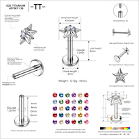 Piercing de corps en titane ASTM F136 G23 plaqué or, avec étoile solide à 5 branches et zircon cubique rond, à filetage interne, pour cartilage, tragus, hélix