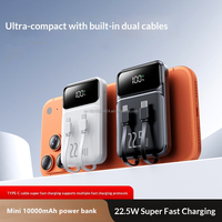 Mini batterie externe 10000mAh 22.5W PD à charge rapide avec 2 câbles intégrés, affichage numérique, ultra-mince, portable, sortie USB-C