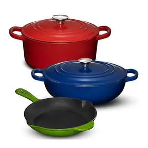 Batterie de cuisine en émail coloré antiadhésif en fonte robuste, ensemble de casseroles et poêles