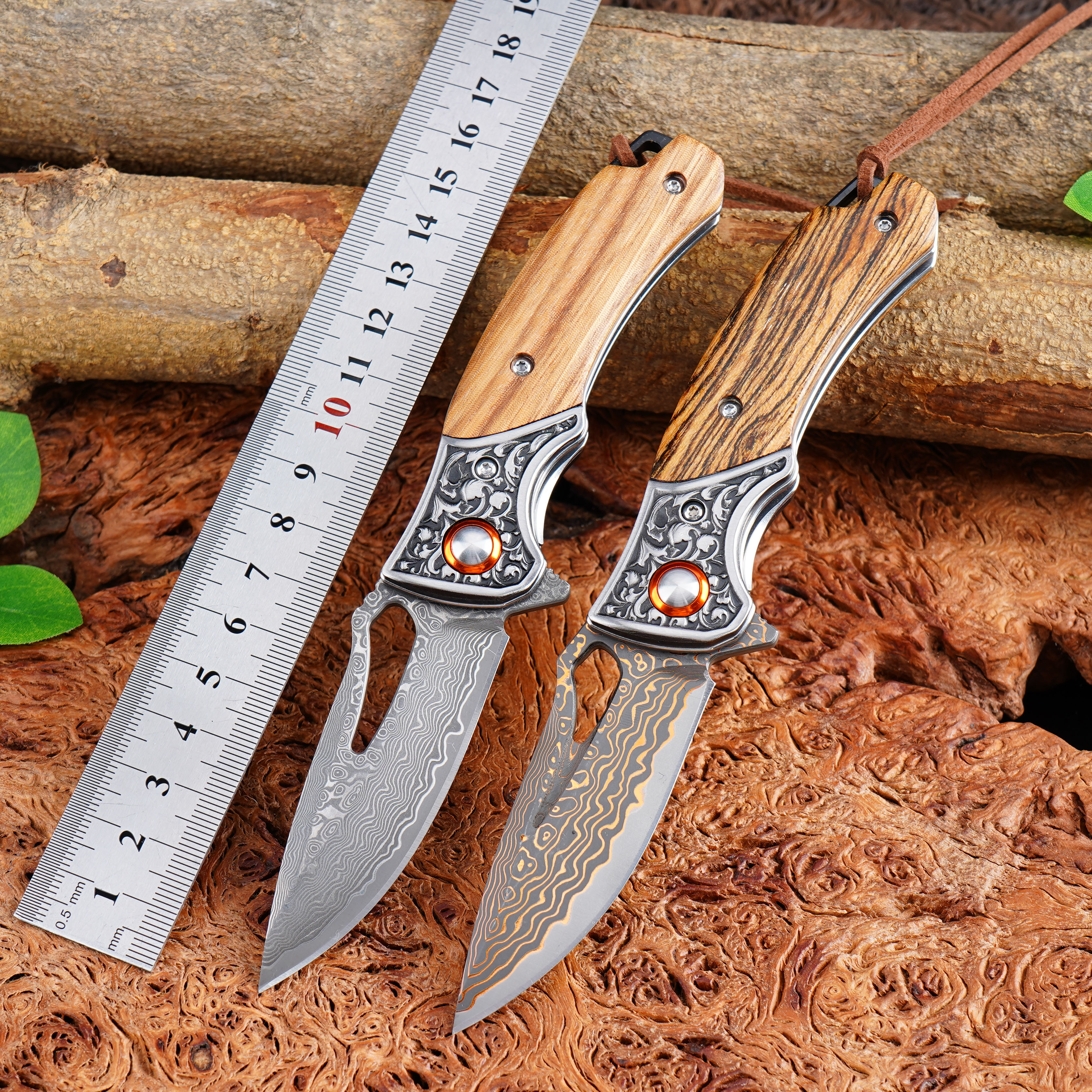 GT-DM028 New Copper Damascus Steel Folding Knife Zebra Wood Handle Customizable Logo