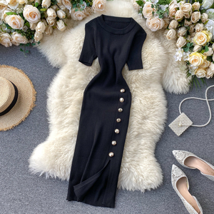 Populaire Robe Femme Dame Élégante Coréenne Couleur Unie Boutonnée Slim Manches Courtes Tricotée Fendue Moulante - Product Image 3