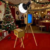 Photomaton vintage portable rétro en bois avec haut-parleur intégré, style iPad, trépied rectangulaire, coque d'appareil photo DSLR pour mariage