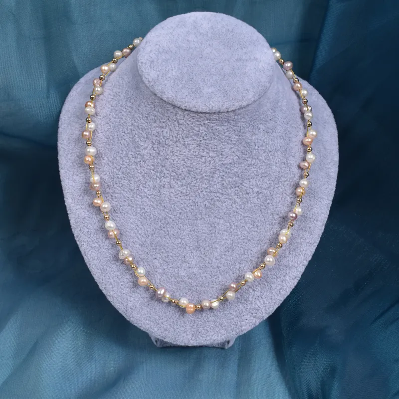 Commercio all'ingrosso zhiteng Baroque near round Pearl collana con doppio ciondolo collana con clavicola in filo di rame naturale fatta a mano