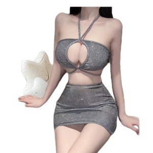 Sexy <b>Sparkly</b> Cutout <b>Mini</b> Nightgown Women's Bodycon Dress Silver Sleeveless Knitted Sleepwear 8157 - Product Image 5