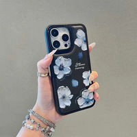 Élégante Coque de Téléphone à Motif Floral Peint à l'Huile Bleue pour iPhone 17 16 15 14 11 12 13 Pro Max Plus 17 Air en Similicuir et TPU