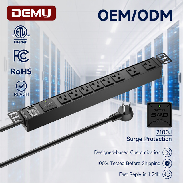 ETL FCC Certified 1U 19 Inch Rack PDU With 8 Outlet 20A US Sockets 2100J Surge Protection for Data Center Server Room