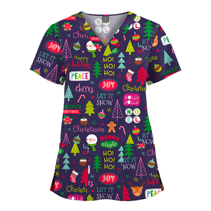 Todos los patrones de árbol de vacaciones de Navidad estampados tela suave cuello en V hombre y mujer estampado Scrub Grooming peso ligero Scrubs Tops - Product Image 4
