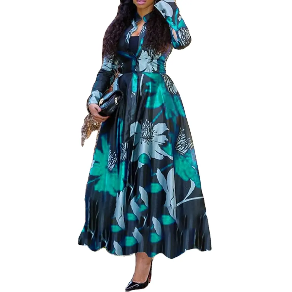 Hot Sale Style Women Long Sleeve Printed A-Line Floral Tropical Maxi Casual Dress