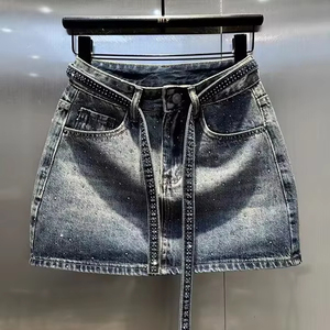 <span class=keywords><strong>Jupe</strong></span> <span class=keywords><strong>Courte</strong></span> en Jean Vintage Grande Taille à Perforations Chaudes, Taille Haute Amincissante, Coupe Trapèze pour <span class=keywords><strong>Femme</strong></span> - Product Image 1