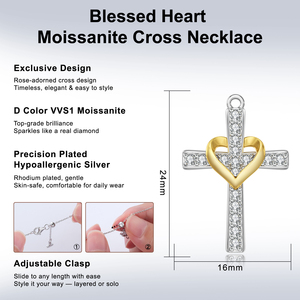 Colares com Pingente de Cruz VVS Moissanite, Presentes de Aniversário para Mulheres, Banhado a Ouro 14K, Prata Esterlina 925, Crucifixo, Fé, Coração - Product Image 5