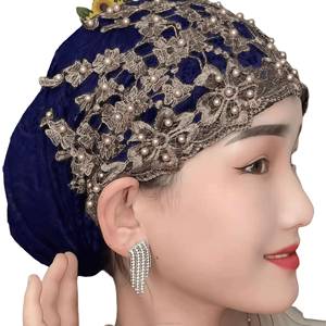 Gorro de Oración Elegante para Mujer, Gorro Musulmán Decorativo de Lujo con Encaje Bordado y Pedrería - Product Image 1