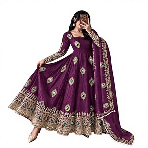 Robe Anarkali pour femme, violette, à motifs en relief, longueur normale, style traditionnel indien pakistanais, pour fêtes, coupe régulière, en polyester extensible - Product Image 1