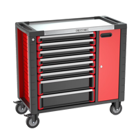 Chariot d'atelier KINBOX 01RH3M8 à 8 tiroirs en acier, avec plan de travail en acier inoxydable et armoire latérale, noir et rouge