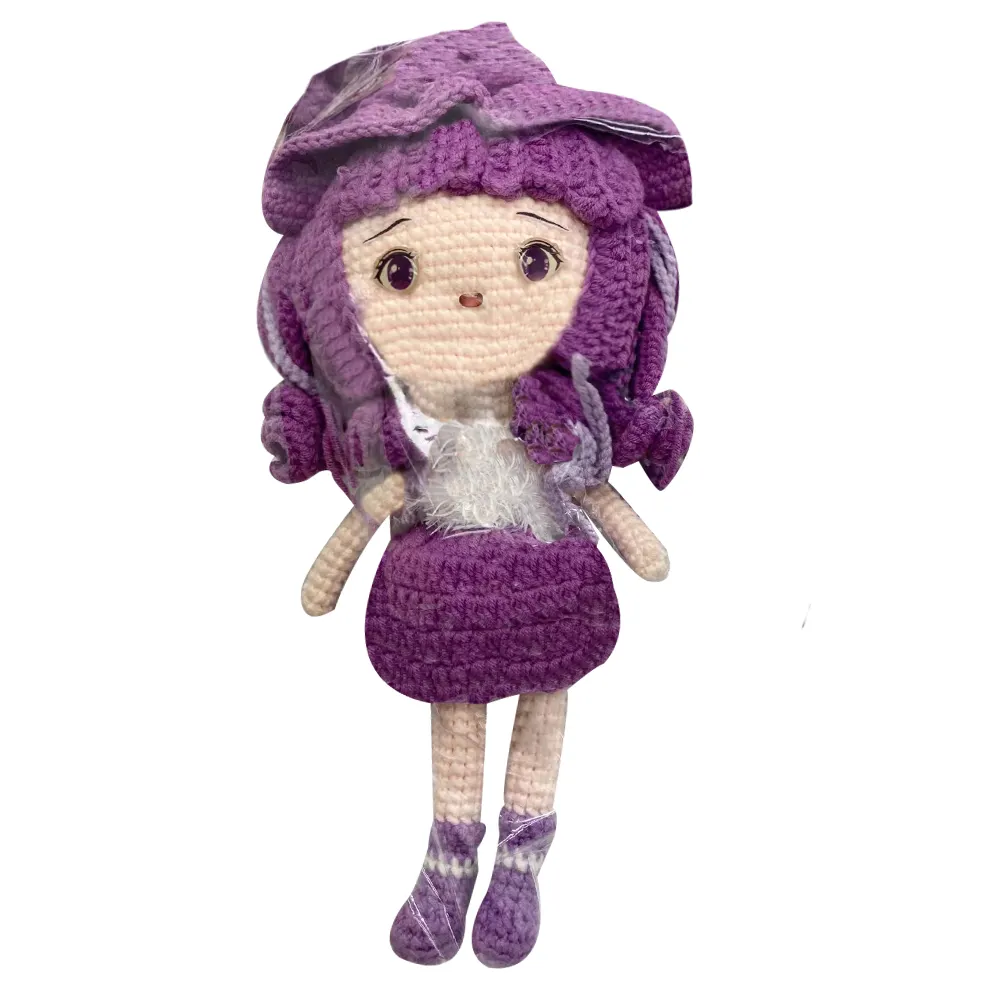 Kawaii Cartoon Game Style Adorable Little Girl Crochet Doll Wear Purple Dress As Gifts For Friends
