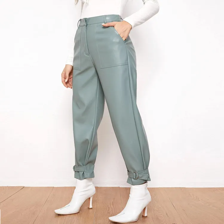 Wholesale OEM custom casual logo comfy harem cargo jogger sweat pants straight leg high waist zipper fly women leather pants