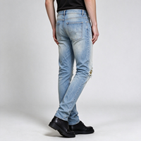 Jeans déchirés et délavés bleu clair 100 % coton pour homme, coupe droite, style streetwear, fabrication OEM sur mesure