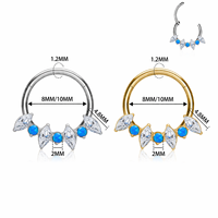 Anneau clicker pour septum en titane ASTM F136 plaqué or, avec couronne en zircone cubique et opale bleue, pour piercing corporel Daith, Hélix, Cartilage