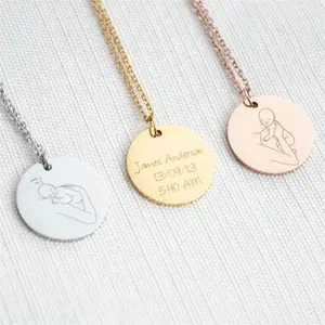 Gold Stainless Steel Jewelry Mother and Child Necklace blank pendant necklace custom engrave baby birth date on reverse side