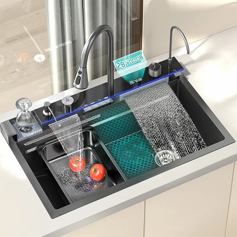 Discount Évier de cuisine à cascade de luxe à affichage numérique LED anti-rayures avec lave-gobelet et distributeur de savon