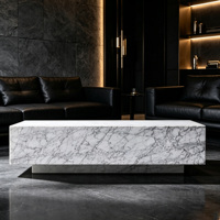 Table basse en marbre massif épais, design cubique, double base, veinure blanche Arabescato, pour salon