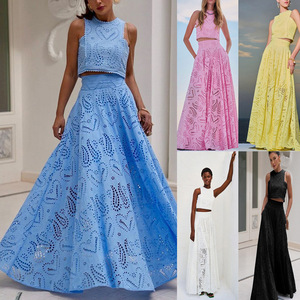 Setelan Rok Panjang Tanpa Lengan Musim Panas Gaya Eropa dan Amerika dengan Saku, Santai untuk Liburan, Model Longgar Dua Potong untuk Wanita - Product Image 6