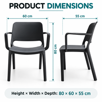 Fauteuil en plastique PP noir, chaise de salle à manger moulée d'une seule pièce avec accoudoirs pour l'extérieur, patio, jardin, café, bistrot, restaurant, mobilier
