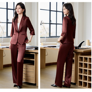 Women's Wine Red Suit Set Three Quarter Sleeve Satin Anti Wrinkle Professional Office Wear - Product Image 1