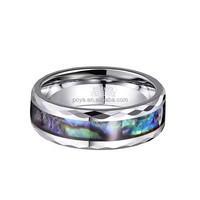 POYA Bague de luxe en acier au tungstène de 8mm pour homme Bordure à facettes polie en argent avec coquille d'ormeau pour mariage ou fiançailles
