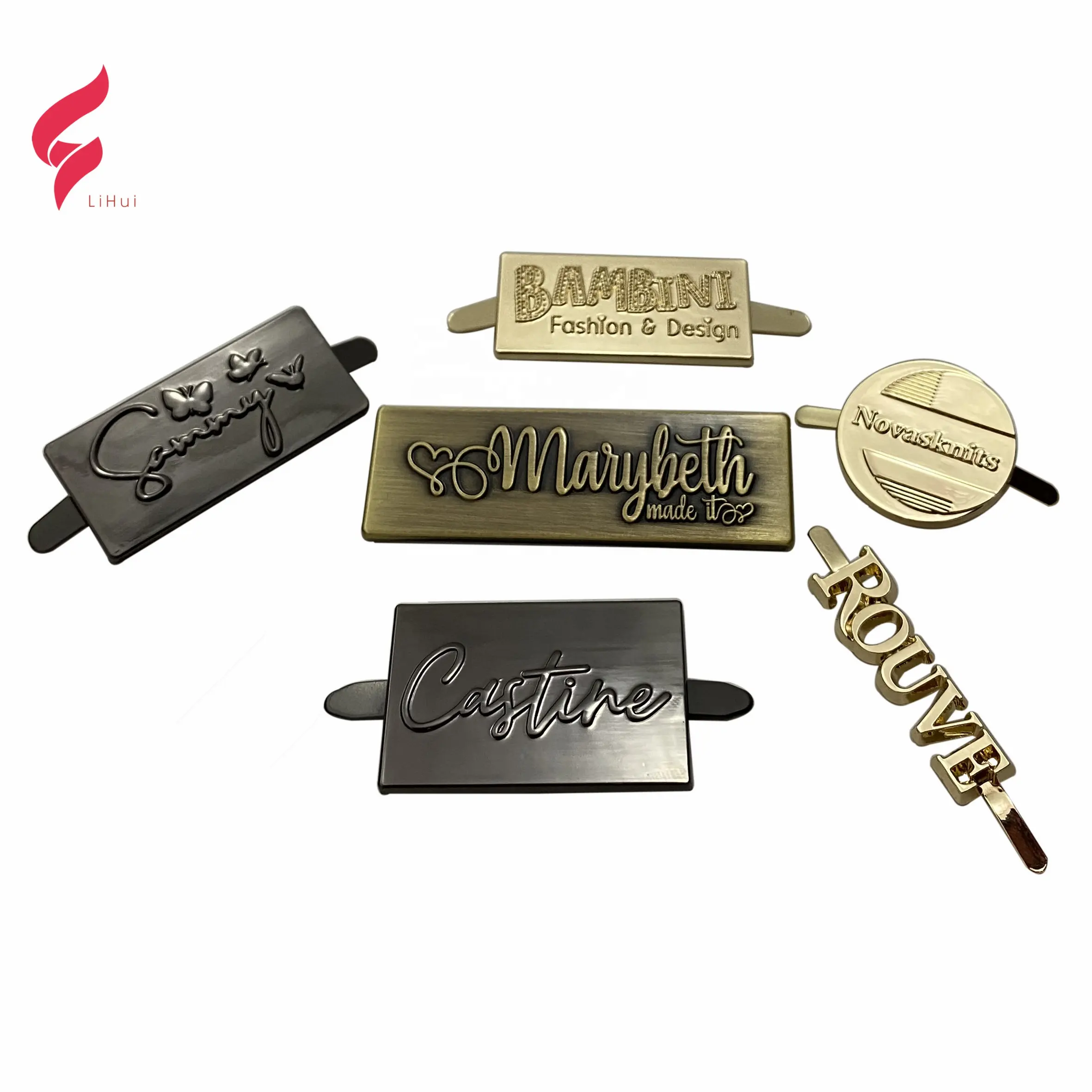 Hohe qualität design metall marke name angehoben metall logo platten für handtasche marke logos