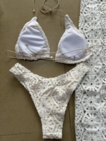 Maillot de bain 3 pièces pour femme, style triangle, bretelles fines, tricoté, bikini brésilien, jupe crochetée, cache-maillot, tailles S-L