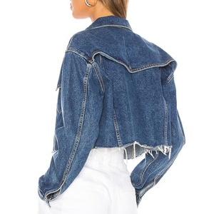 Custom Women Jeans Top Coat Wholesale Puff <strong>Crop</strong> Fashion <strong>Denim</strong> <strong>Jacket</strong> - Product Image 3